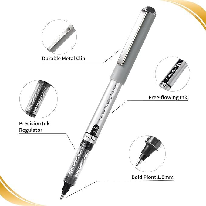 EYEYE Black Rollerball Pens 1.0mm, 8 Pack Bold Point Roller Ball Pen Quick Dry, Liquid Ink Pen Fine Point Smooth Writing Pens for Journaling, Note Taking, Office, School Supplies