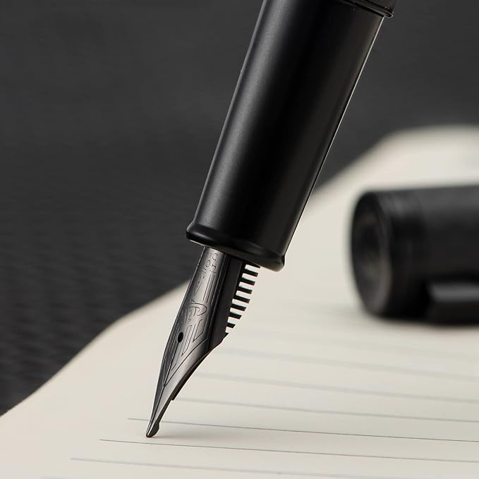 Hongdian 1861 Black Forest Carbon Fiber Fountain Pen, Long Blade Nib Modern Design Smooth Writing Pen with Converter and Metal Pen Case Set