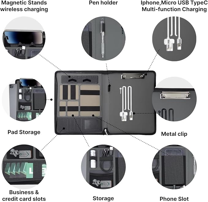CARDSILK， Leather Zipper Portfolio Binder with Wired Charging, Clipboard – Business Organizer Padfolio folder with Built-in Power Bank, Tablet Slot, Zip Up Binder & portfolio clipboard for Women/Men