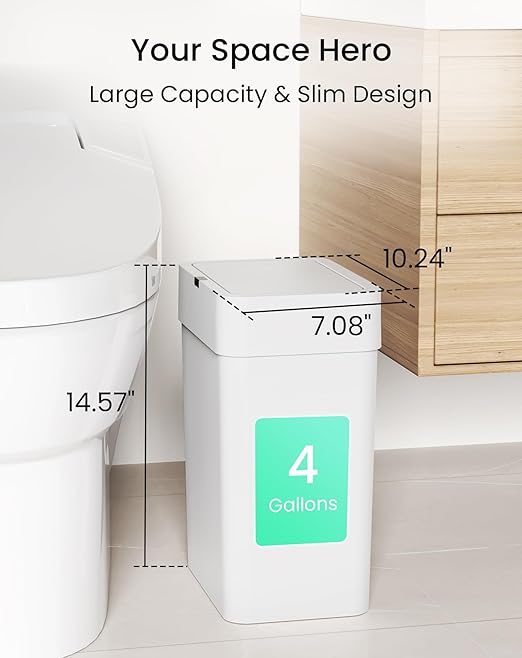 Cesun Bathroom Trash Can with Lid, 4 Gallon Motion Sensor Garbage Can Automatic Touchless Trash Cans, Slim Plastic Smart Waste Basket for Bedroom, Office, Living Room, White