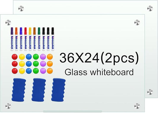 H-Qprobd Glass White Board for Wall Dry Erase Board 36" x 24" (2pcs) Magnetic Presentation Whiteboard for Home, Office and School