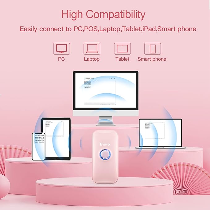 Eyoyo Mini 1D Bluetooth Barcode Scanner, 3-in-1 Bluetooth & USB Wired & 2.4G Wireless Barcode Reader Portable Bar Code Scanning Work with Windows, Android, iOS, Tablets or Computers(Pink)