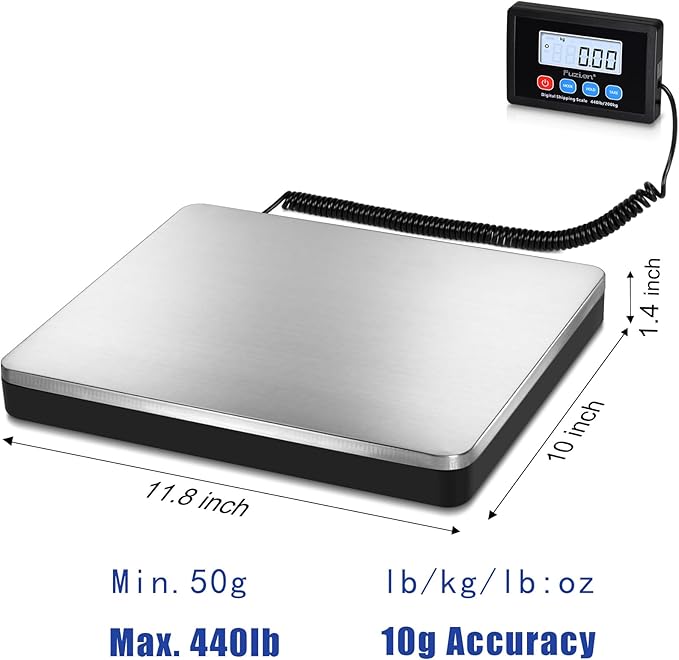 Fuzion Shipping Scale 440lb x 10g Accuracy, Postal Scale with Hold/Tare, Digital Shipping Scale for Packages Small Business, Luggage, Battery & AC/DC Adapter