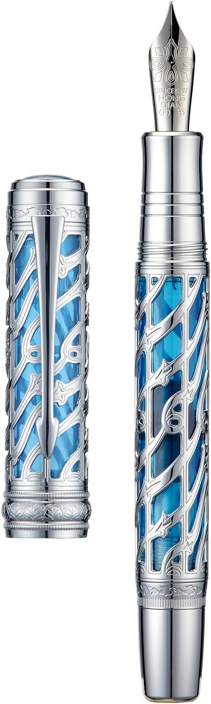 Hongdian A6 Piston Fountain Pen Extra Fine Soft Nib, Silver Blue Hollow Skeleton & Resin Pen with Metal Case Set