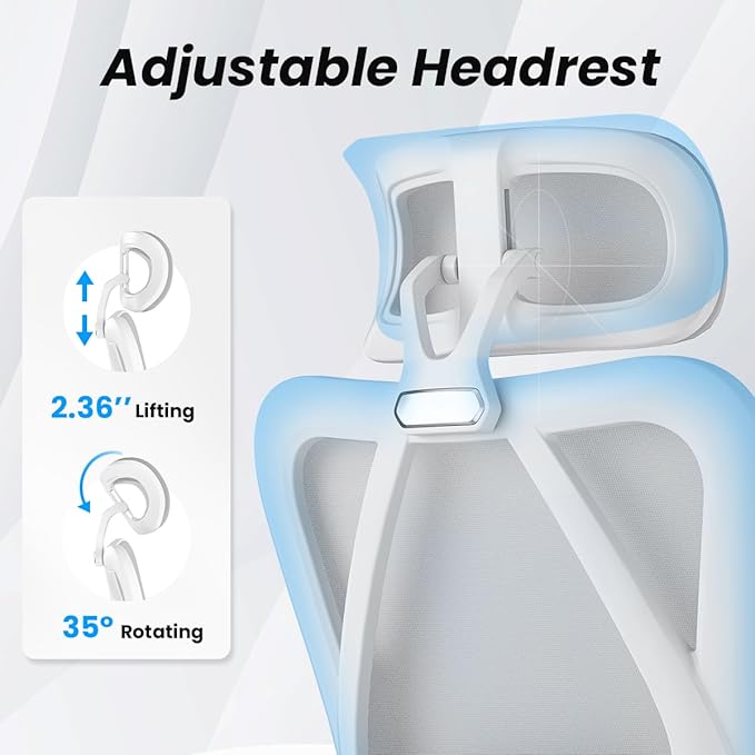 Farini Ergonomic Office Chair with Footrest, Mesh Office Desk Chair with Headrest, High Back Computer Chair with Adjustable Lumbar Support for Home Office Study Room Bedroom, White & Grey