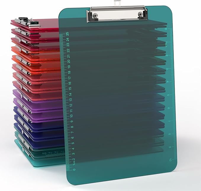 Bulk Clipboards Set of 30, 8.5x11 Plastic Colored Clear Clip Board with Ruler, Suitable for Classroom, Students, Kid, Size 9" x 12.5" with Low Profile Clip, Office & School Supply