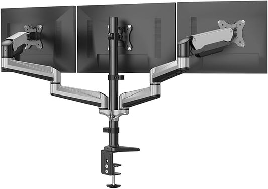 HUANUO Triple Monitor Stand - Full Motion Articulating Gas Spring Monitor Mount Fit Three 17 to 32 inch Flat/Curved LCD Computer Screens with Clamp, Grommet Kit, Silver