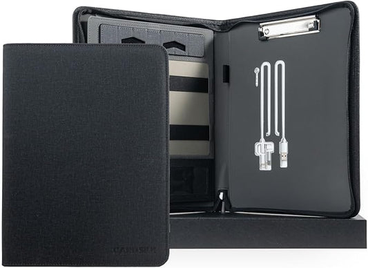 CARDSILK， Leather Zipper Portfolio Binder with Wired Charging, Clipboard – Business Organizer Padfolio folder with Built-in Power Bank, Tablet Slot, Zip Up Binder & portfolio clipboard for Women/Men
