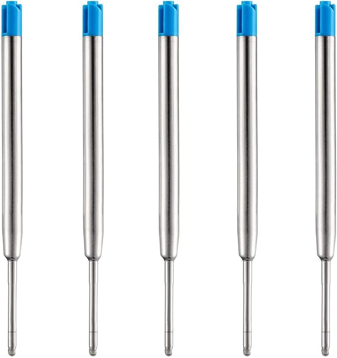 HeTaoCat Blue Ink Refill Pack of 5, Replaceable Ballpoint Pen Refills, Medium Point Metal Refil (Blue)