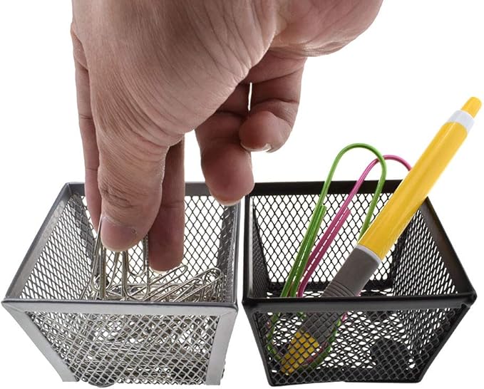 HAHIYO Stackable Paper Clip Mesh Holder Cup 2.2" Height 4 Pack Sturdy Paperclip Holder Container for Desk Drawer Organizer Collection for Home Office School Black Silver Soft Foam Feet No Sharp Edges