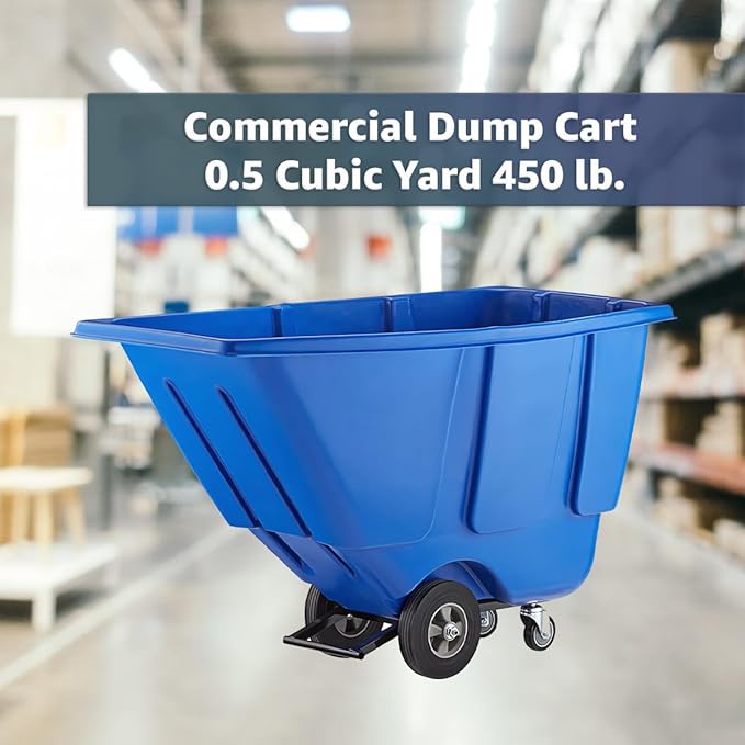 Commercial Rolling Waste Bin 0.5 Cubic Yard 450 lb., Blue Tilt Truck, Construction Trash Recycling Trolley, Industrial Dump Cart Transportation, Garbage Wagon