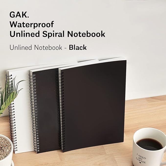 GAK. Stone Paper Notebook | No Lines Spiral Notebook Waterproof Sheet Aesthetic Journal for Note Taking | Notebooks for Work & Aesthetic School Supplies | Medium Size, Black (5.8”x8.3”, 50 sheets)