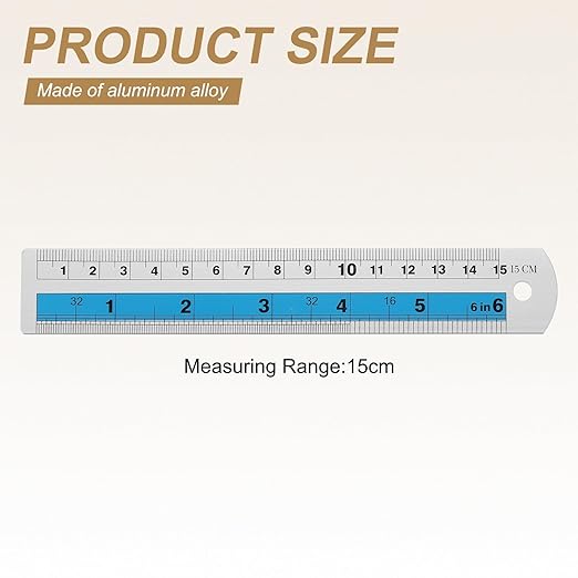HARFINGTON 6pcs Metal Straight Ruler 15cm Metric SAE Aluminum Alloy Measuring Rulers Scale Tools with Hole for Measure Study Reading Classroom Office, Blue