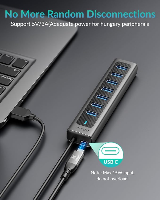 GM7U 7-Port USB 3.0 Hub, 3.3FT Long Cable, Aluminum, High-Speed, Multi Port Extender Hub, External Expansion Data Hub for PC Laptop, Desktop Computer, Older Mac, Black Grey