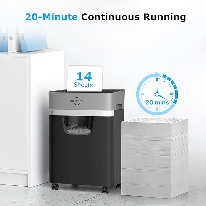 BONSEN 14-Sheet Paper Shredder for Home Office, Heavy Duty Cross Cut Shredder with 5.3 Gal Pullout Bin, Quiet Shredder for CDs/Credit Card/Staple, P-4 Security, Anti-Jam System