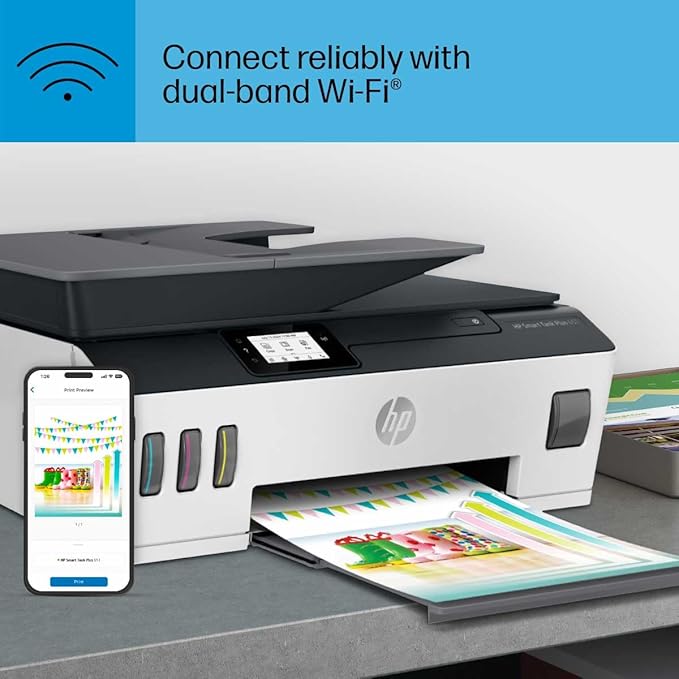HP Smart -Tank Plus 651 Wireless All-in-One Ink -Tank Printer, up to 2 Years of Ink in Bottles, Auto Document Feeder, Mobile Print, Scan, Copy,, Fax, Works with Alexa (7XV38A)