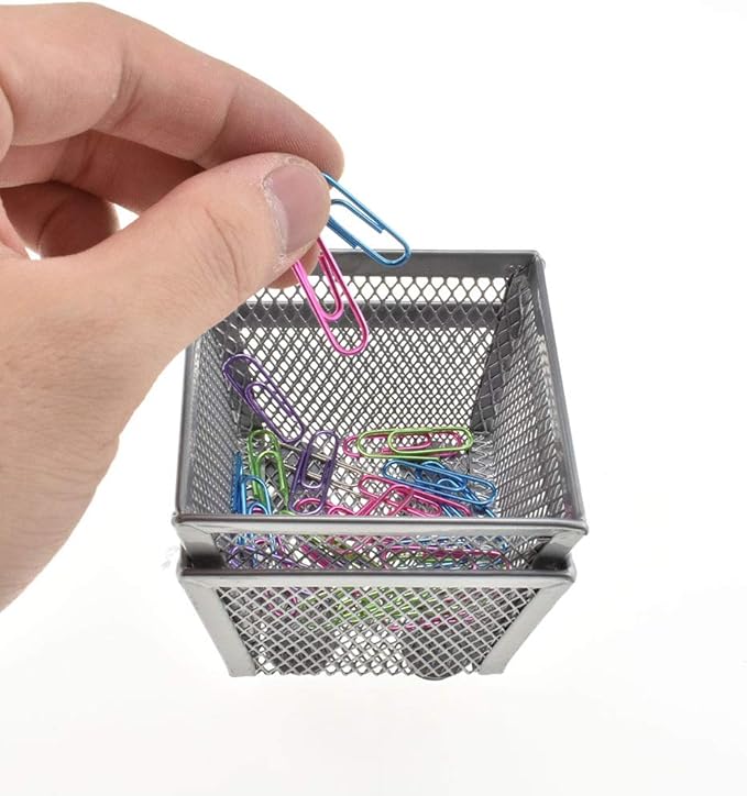 HAHIYO Stackable Paper Clip Mesh Holder cup 2.2" Height 2 Pack Silver Sturdy PaperClip Holder Container for Desk Drawer Organizer Collection for Home Office School Soft Foam Feet No Sharp Edges