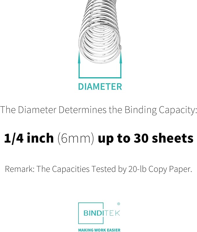 Binditek 50 Pack Plastic Spiral Binding Coils, 6mm(1/4"), 30 Sheet Capacity, 4:1 Pitch, Clear, 48Loops, for Letter Size, for Students and Coworkers