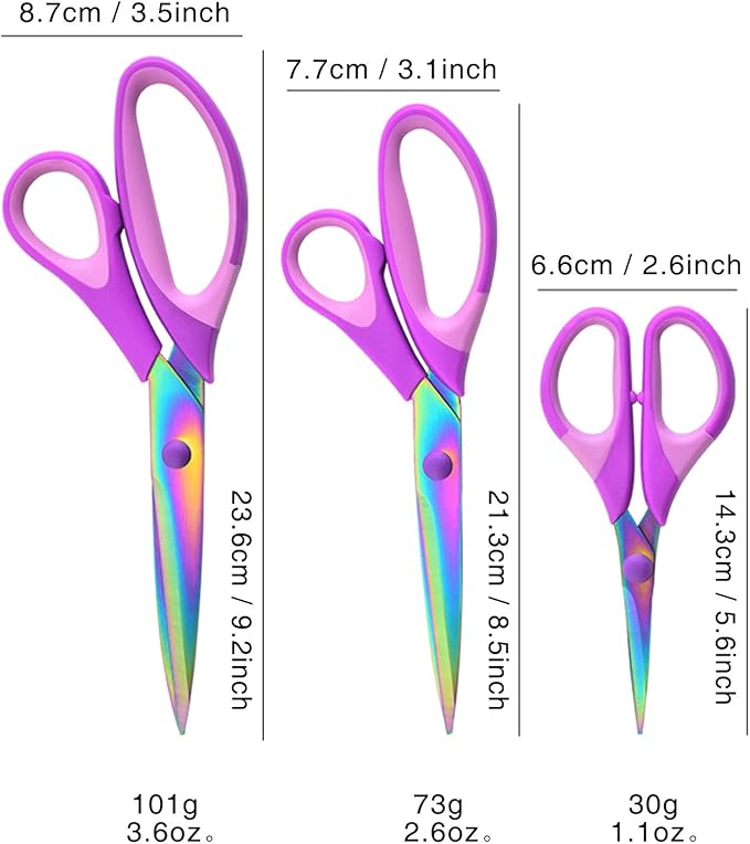 Craft Scissors Set of 3 Pack, All Purpose Sharp Titanium Blades Shears, Comfort Grip Handle, Multipurpose Fabric Scissors Tool Great for Adults, Office, Sewing, School and Home Supplies, Purple