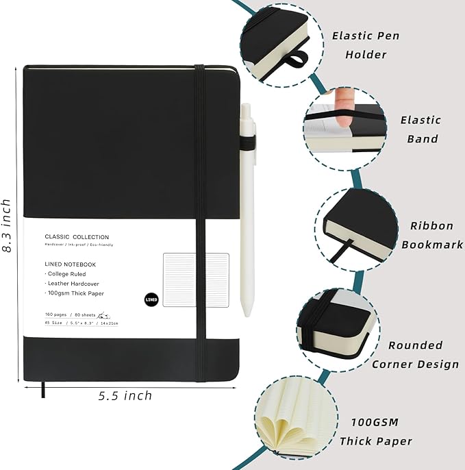 Coopay 12 Pack A5 Journal Notebook with 12 White Pens Bulk Classic Ruled Hardcover Leather Journal Set with Pen Holder for Men Women Writing Office Home School Business, 100GSM, 8.3” x 5.5” (Black)