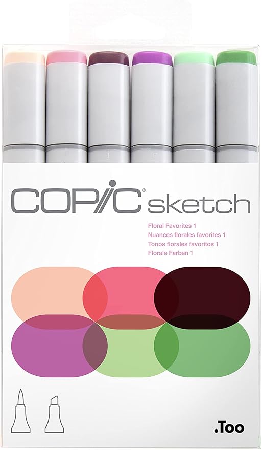 Copic Sketch Alcohol Markers, 6 Color Dual Tip Art Marker Set – Blendable Brush Tips for Drawing, Sketching, and Illustration – Professional Set for Adults/Teen Artists & Creators - Floral Favorites 1