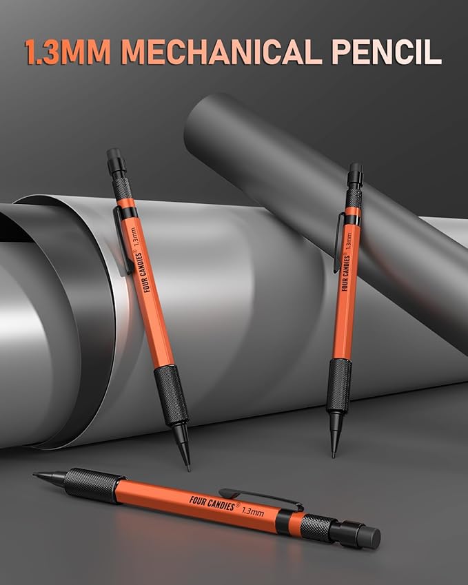 Four Candies 3PCS 1.3mm Mechanical Pencil Set with Case, Metal Heavy Duty Carpenter Pencils with 72 Refill(Red,Black,Yellow) 3Eraser, 16Eraser Refill, Weatherproof Body Outdoor Woodworking Marking