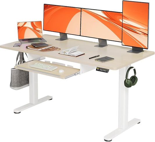Claiks Standing Desk with Keyboard Tray, Electric Standing Desk Adjustable Height, 55x24 Inches Sit Stand up Desks with Splice Board, Raising Desks for Home Office, Natural