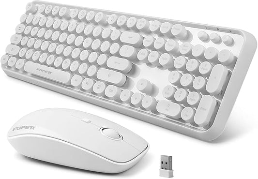 FOPETT Wireless Keyboard and Mouse Combo, 104 Keys Full-Sized 2.4 GHz Round Keycap Colorful Keyboards, USB Receiver Plug and Play, for Windows, Mac, PC, Laptop, Desktop (White)