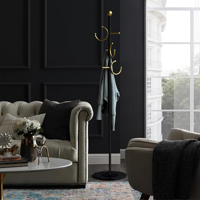 BUZUYE Modern Coat rack with marble base,Coat rack freestanding heavy duty with gold hooks,Entryway coat rack stand Coat Tree freestanding coat hanger stand for Hanging Clothes, Hats, Bags