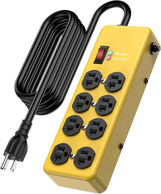 HEZI 20A Power Strip Surge Protector Durable Metal 8-Outlet with Heavy Duty 20 Amp Extension Cord, 12 Gauge for Garage,Workshop & Industrial Use with 6-20R T-Slot Outlets,4800J(Yellow,10FT)