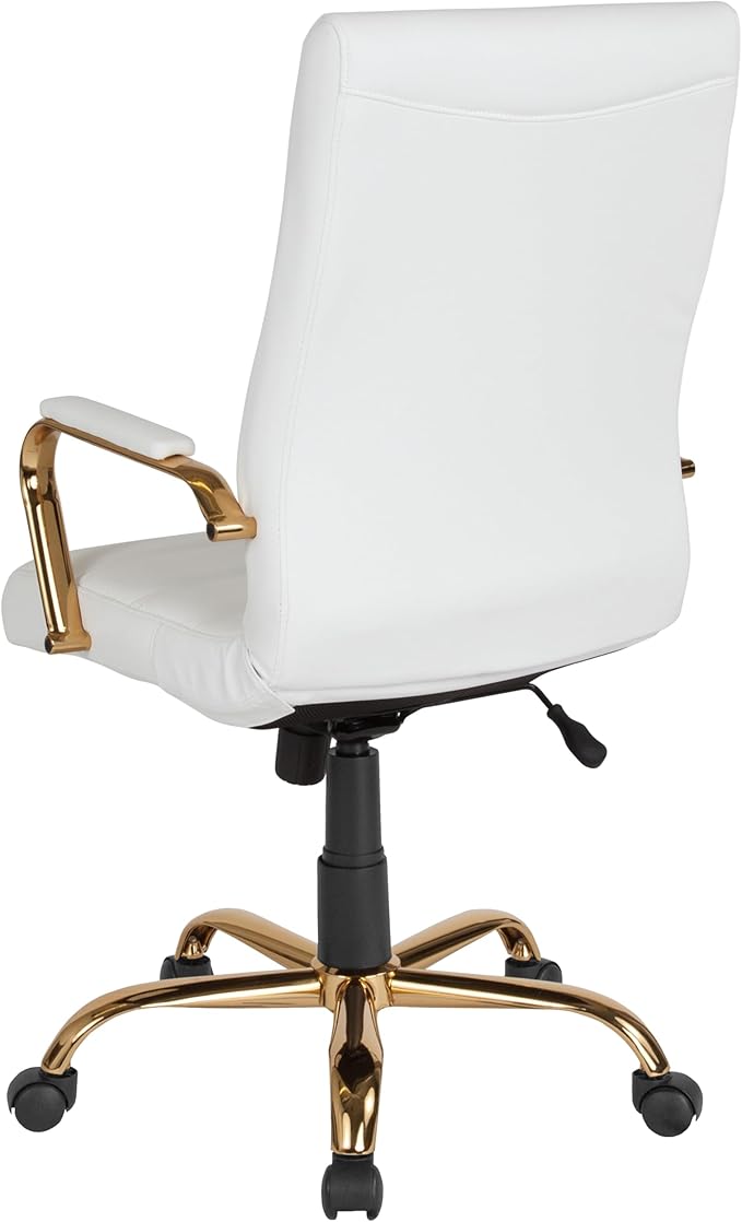 Flash Furniture Whitney Mid-Back Swivel LeatherSoft Desk Chair with Padded Seat and Armrests, Adjustable Height Padded Office Chair, 27"D x 26"W x 43"H, White/Gold