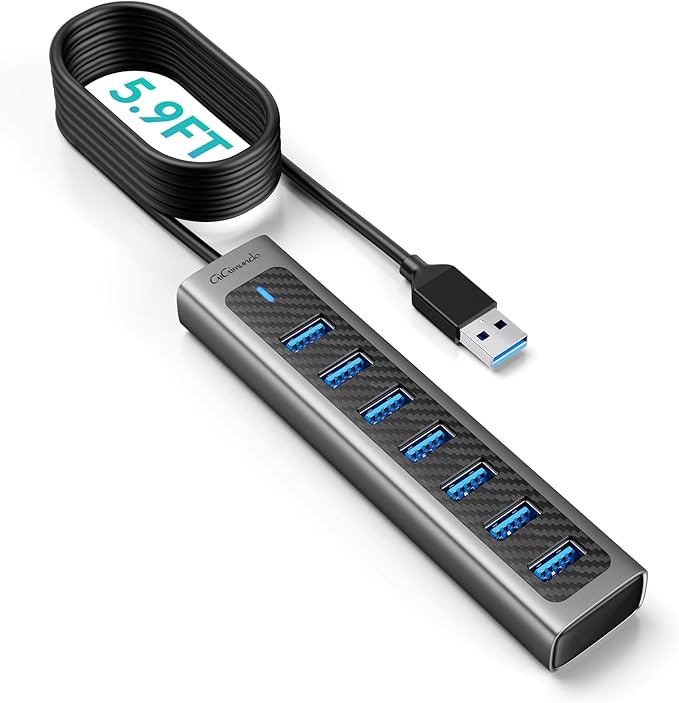 GM7U 7-Port USB 3.0 Hub, 6FT Long Cable, Aluminum, High-Speed, Multi Port Extender Hub, External Expansion Data Hub for PC Laptop, Desktop Computer, Older Mac, Black Grey