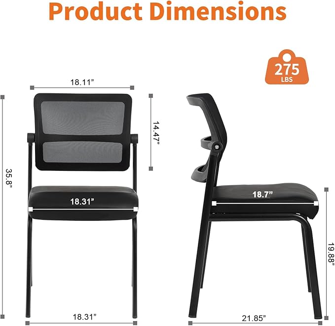 CLATINA Stackable Waiting Room Chair with Adjustable Mesh Backrest, Armless Office Guest Reception Chairs with Leather Cushion and Ergonomic Lumbar Support for Conference Lobby Side School, Black, 8PK