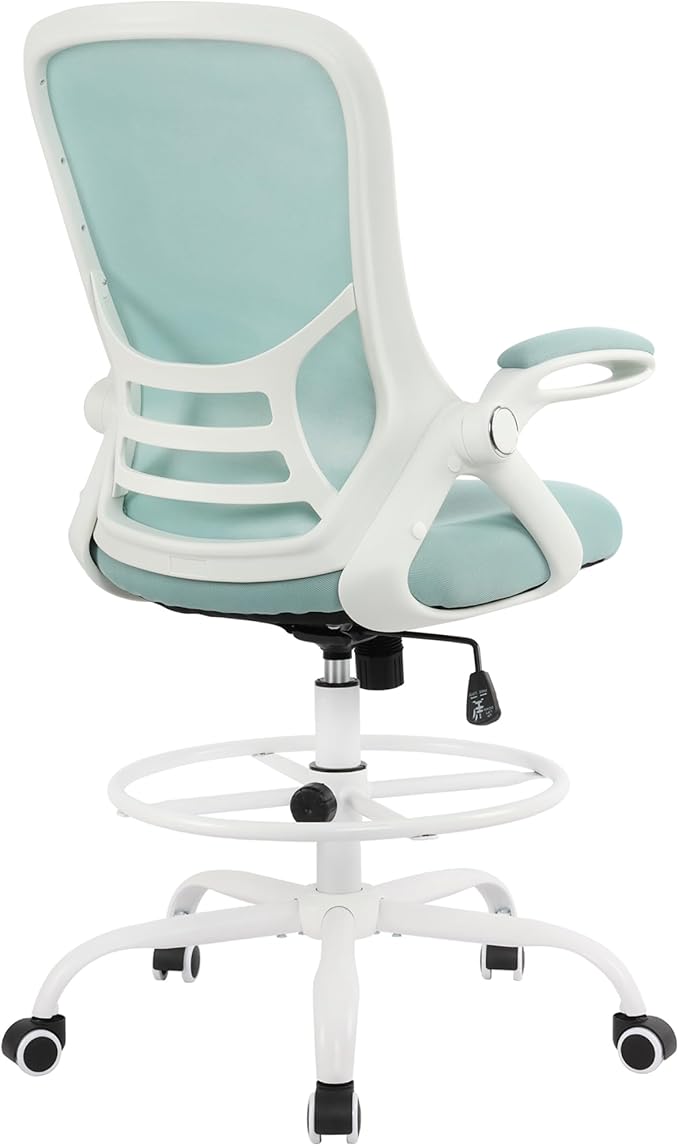 HYLONE Drafting Chair Tiffany Blue, Tall Office Chair Standing Desk Stool with Adjustable Height, Foot Ring, Flip-Up Arms, Mesh High-Back Office Chair, White