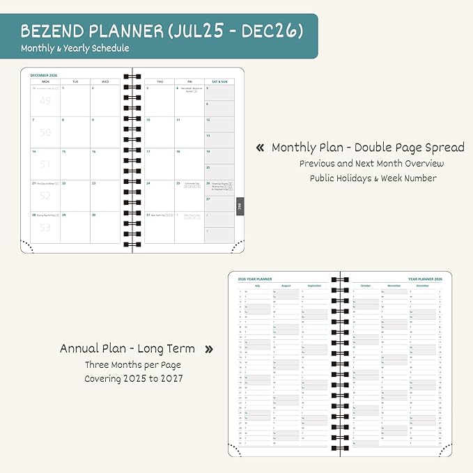 BEZEND Pocket Planner 2025-2026 Weekly and Monthly, 3.5" x 6" Academic Planner (Jul 25-Dec 26) 18-Month Mid-Year Calendar Book, Storage Pocket, Pen Holder, PU Leather Softcover, Spiral - Sky Blue