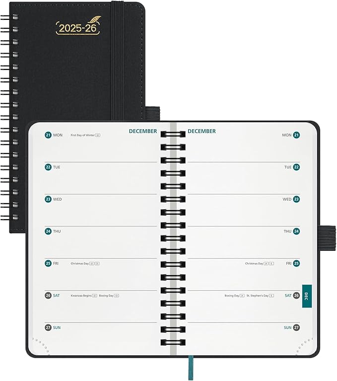 BEZEND Pocket Planner 2025-2026 Weekly with 2 Columns, 18-Month Academic Calendar (Jul 25-Dec 26), Life Work App., Storage Pocket, Pen Holder, PU Leather Softcover 3.5" x 6" Spiral - Black