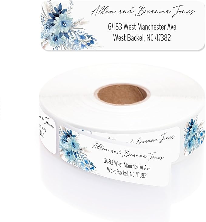 Blue Floral Rolled Address Labels / 250 Personalized Return Address Labels/Designer Address Stickers in Elegant Plastic Dispenser