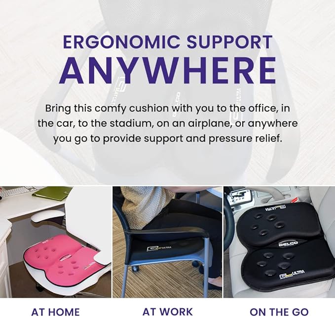GSeat Ultra Orthopedic Gel and Foam Seat Cushion (Gray) – for Coccyx, Back, Tailbone, Prostate, Postnatal, and Sciatica Pain/Discomfort – Office, Car, Chair, Travel