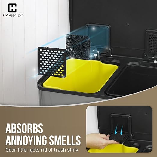 CAPHAUS Dual Trash Can with Lid, Trash and Recycling Bins Combo for Kitchen, Hands-Free Stainless-Steel Garbage Can with 2 Compartment, Hinged Lid, Odor Filter, Handles, 30L+30L, 2 x 8 Gallon