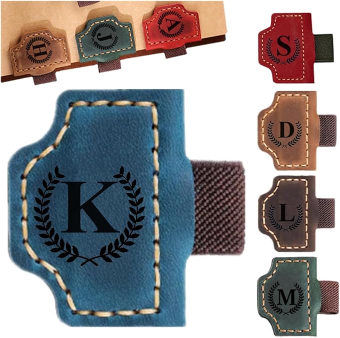 Custom Bookmark with Pen Holder with 26 Letters Personalized Magnetic Leather Book Mark, Customized Name Book Marker Clip with Initial for Men Women, Gifts for Book Lovers, Readers, (Blue, K)