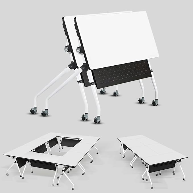 Conference Table, Folding Conference Room Tables, Mobile Training Tables with Silent Wheels, Large Rectangular Modular Seminar Table Office Computer Desks for Classroom White (2Pack L70.9in)
