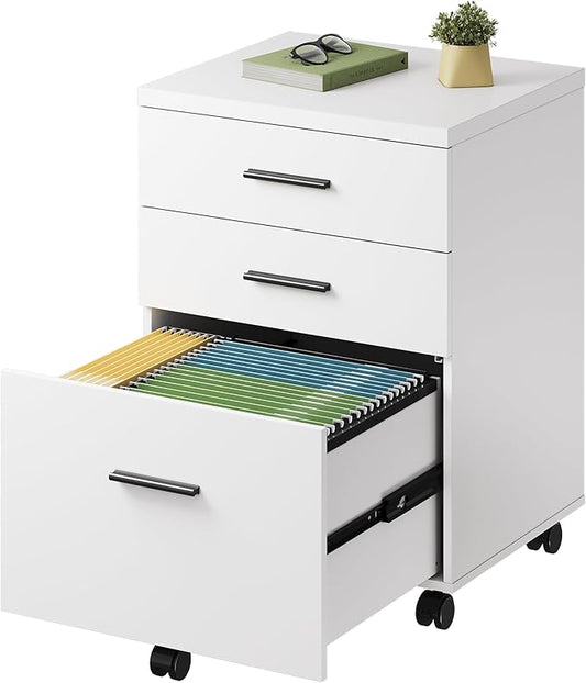 DEVAISE 3 Drawer File Cabinet for Home Office, Wood Under Desk Filing Cabinet, Rolling Printer Stand with Wheels, White