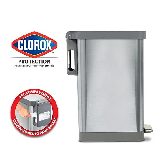 Glad Slim Trash Can with Clorox Odor Protection - Narrow Kitchen Garbage Bin with Soft Close Lid, Step On Foot Pedal and Waste Bag Roll Holder, All Stainless, 45 Liter