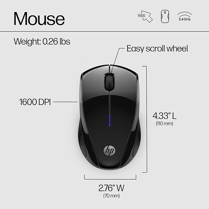 HP X3000 G2 Wireless Mouse - Ambidextrous 3-Button Control, & Scroll Wheel Multi-Surface Technology, 1600 DPI Optical Sensor Win, Chrome, Mac OS Up to 15-Month Battery Life (‎28Y30AA#ABA, Black)