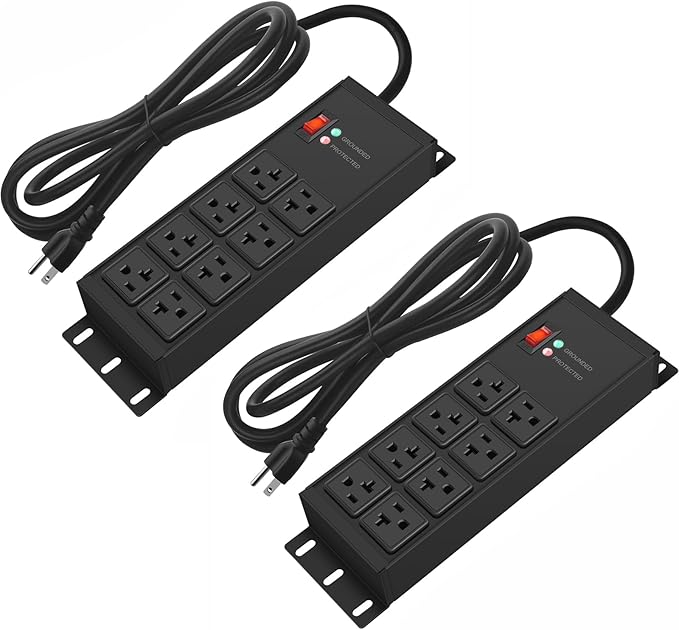 CCCEI 2PCS Heavy Duty Power Strip Surge Protector 20 AMP, 8 Outlets 12 Gauge Shop Garage Metal Multiple Outlets, 10 FT Extension Cord 5-15P Adapter High Amp 6-20R T-Slot 20a for Appliance Black.