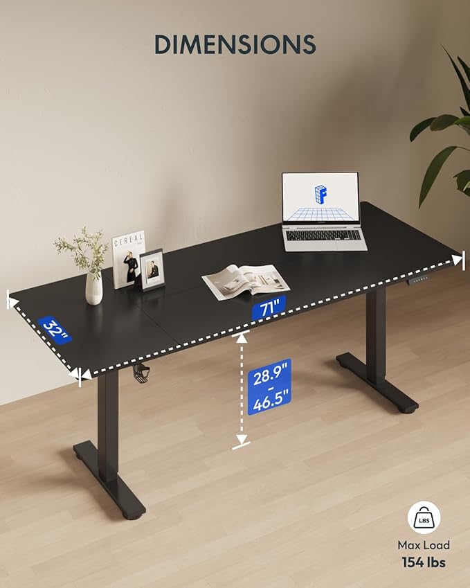FLEXISPOT 71 x 32 Inch Large Standing Desk, Stand Up Desk with Splice Board, Rising Desks for Home Office, Office Desk with Cup Holder and Headphone Hook (Black Frame + Black Top, 2 Packages)