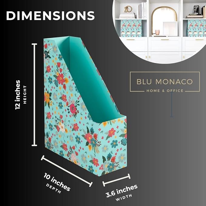 BLU MONACO Floral Magazine Holder, Set of 4 Foldable Magazine File Boxes, Aqua Floral Pattern with Gold Label Holder, Vertical Desk Organizer and Binder Holder