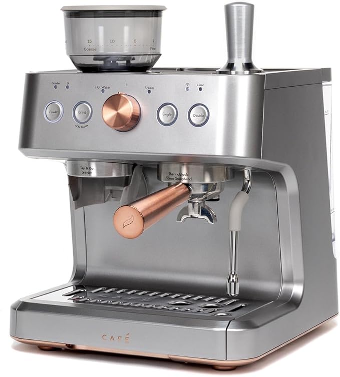 Café Bellissimo Semi Automatic Espresso Machine + Milk Frother | WiFi Connected, Smart Kitchen Essentials | Built-In Bean Grinder, 15-Bar Pump & 95-Ounce Water Reservoir | Steel Silver