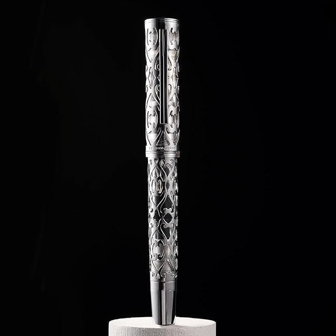 Hongdian D1 Piston Fountain Pen Extra Fine Nib, Hollow Skeleton & Resin Pen with Metal Case Set (Silver)