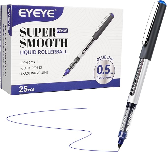EYEYE 25 Pack 0.5mm Blue Rollerball Pens Extra Fine Point Quick Dry, Liquid Ink Pens Fine Point Smooth Writing Pen for Journaling, Note Taking, Office, School Supplies